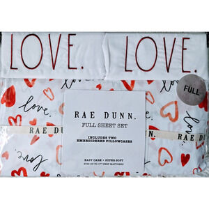 Rae Dunn Sheet Set Embroidered LOVE Pillowcases, Hearts, Valentine's day = Full